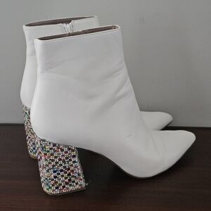 BETSEY JOHNSON Kassi White Ankle Boots with Multicolor Rhinestone Heel